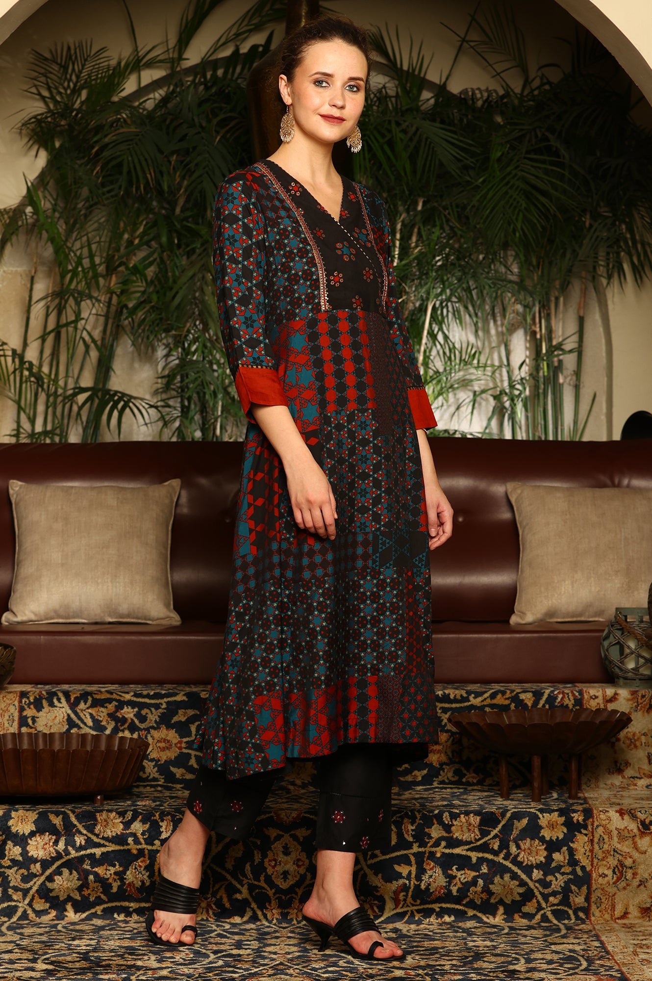 Black Multi-Coloured Patch Printed Metallic Embroidered A-Line Kurta, Pants And Dupatta Set - Image 3